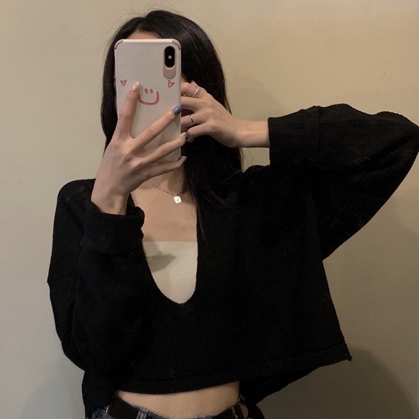 【ZHELIHANGFEI】Áo Dệt Kim Tay Dài Cổ POLO Eo Cao Hở Rốn