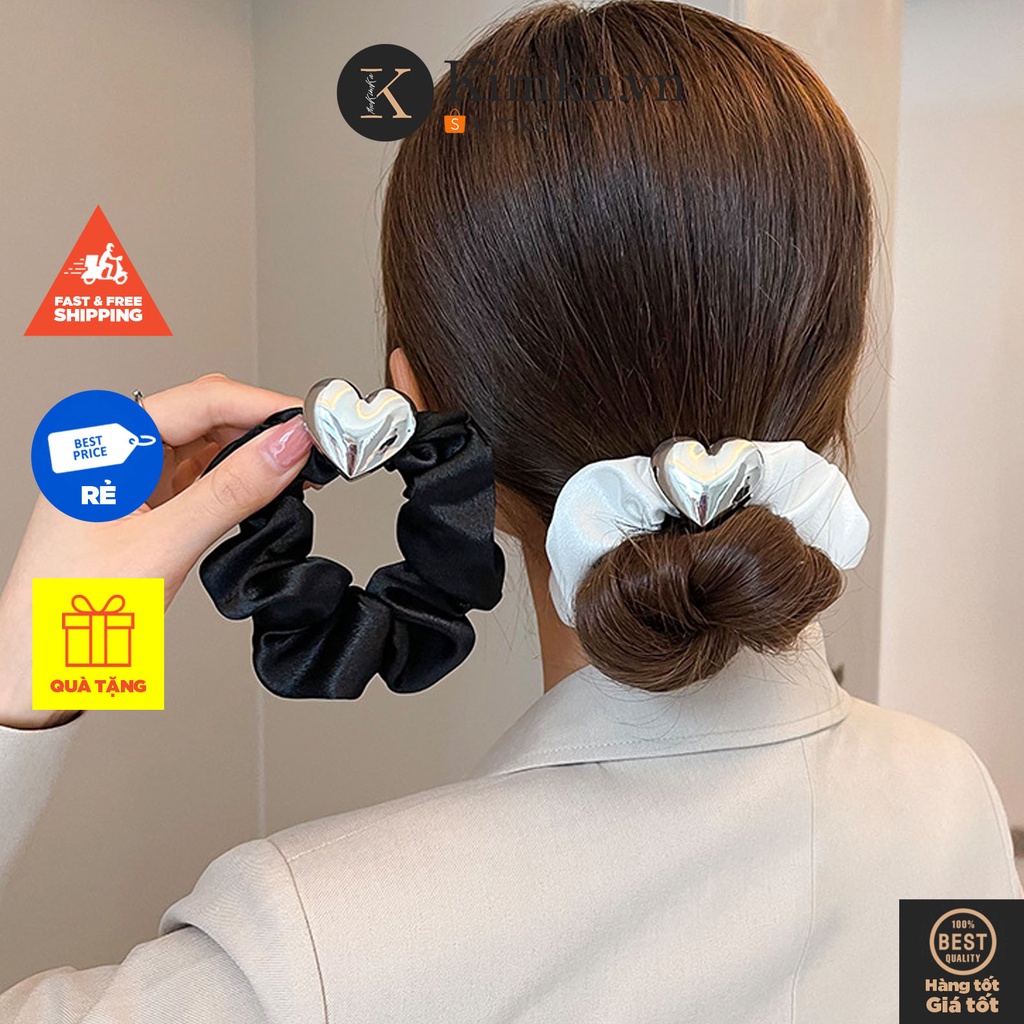 (0604) Scrunchies Chun Buộc Tóc Co Dãn Lụa Mềm Trái Tim