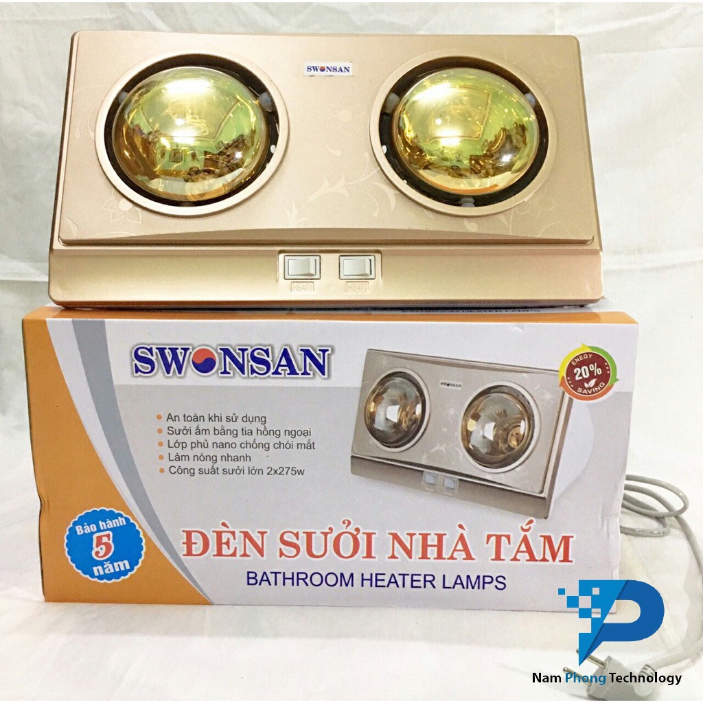 ĐÈN SƯỞI NHÀ TẮM SWONSAN 2 BÓNG SBH2-L1 - BẢO HÀNH CHÍNH HÃNG 5 NĂM