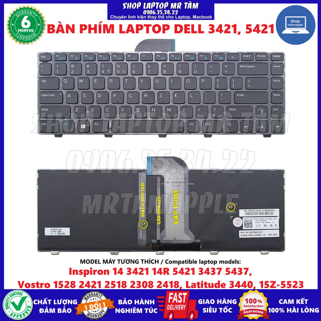 (KEYBOARD) BÀN PHÍM LAPTOP DELL 3421 5421 14R dùng cho Inspiron 14 3421 14R 5421 3437 5437, Vostro 1528 2421 2518 2308