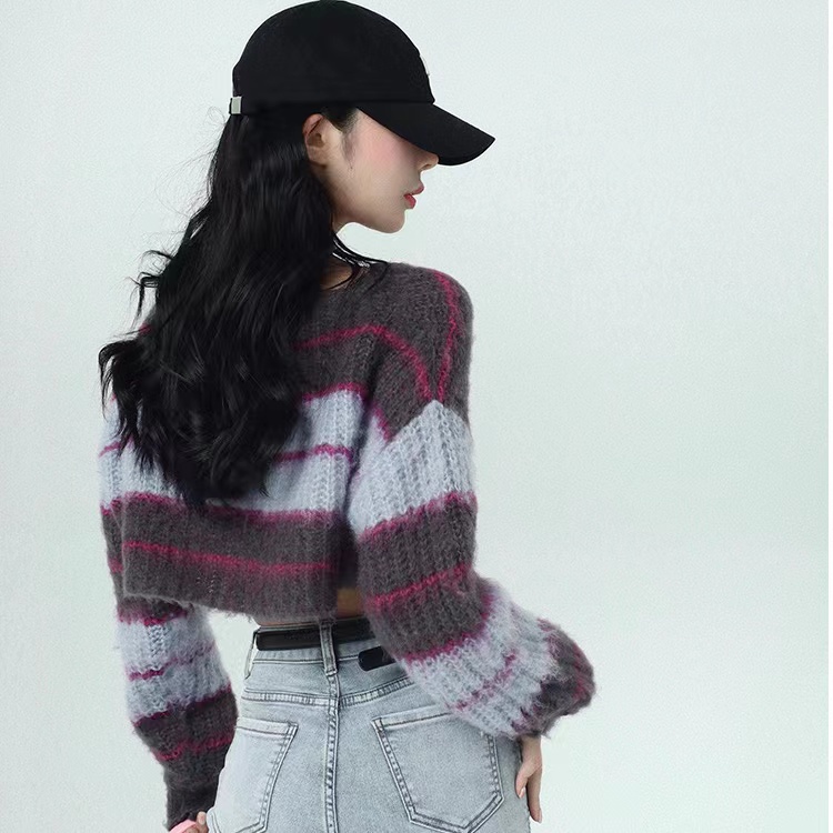 Porozi Áo sweater dệt kim tay dài dáng rộng họa tiết kẻ sọc phong cách Hàn Quốc cho nữ