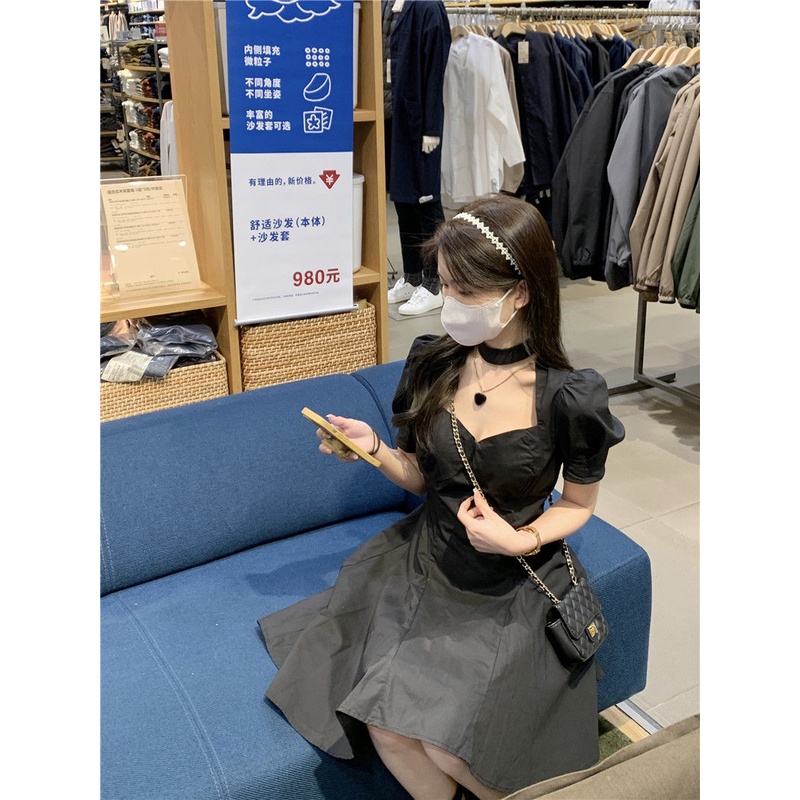 Đầm Tay Phồng Màu Đen Phong Cách Pháp Cổ Điển Thời Trang Mùa Hè Cho Nữ 2022