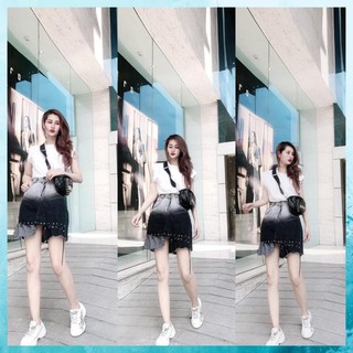 [TH Jeans] Chân váy denim ngắn, chân váy jeans cạp cao loang màu túi chéo, gấu đan dây. Mã V9135