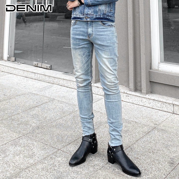 Quần jean nam rách xước cao cấp màu xanh nhạt chất bò co giãn ống đứng dáng ôm skinny DC Denim [5678]