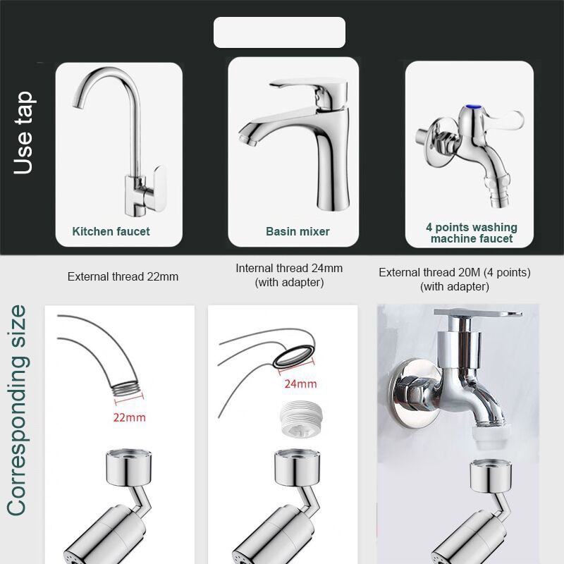 Vòi Nước Bồn Rửa Đa Năng 1080 ° Đầu Nối Dài Vòi Nước Cơ Khí Xoay Tiện Dụng