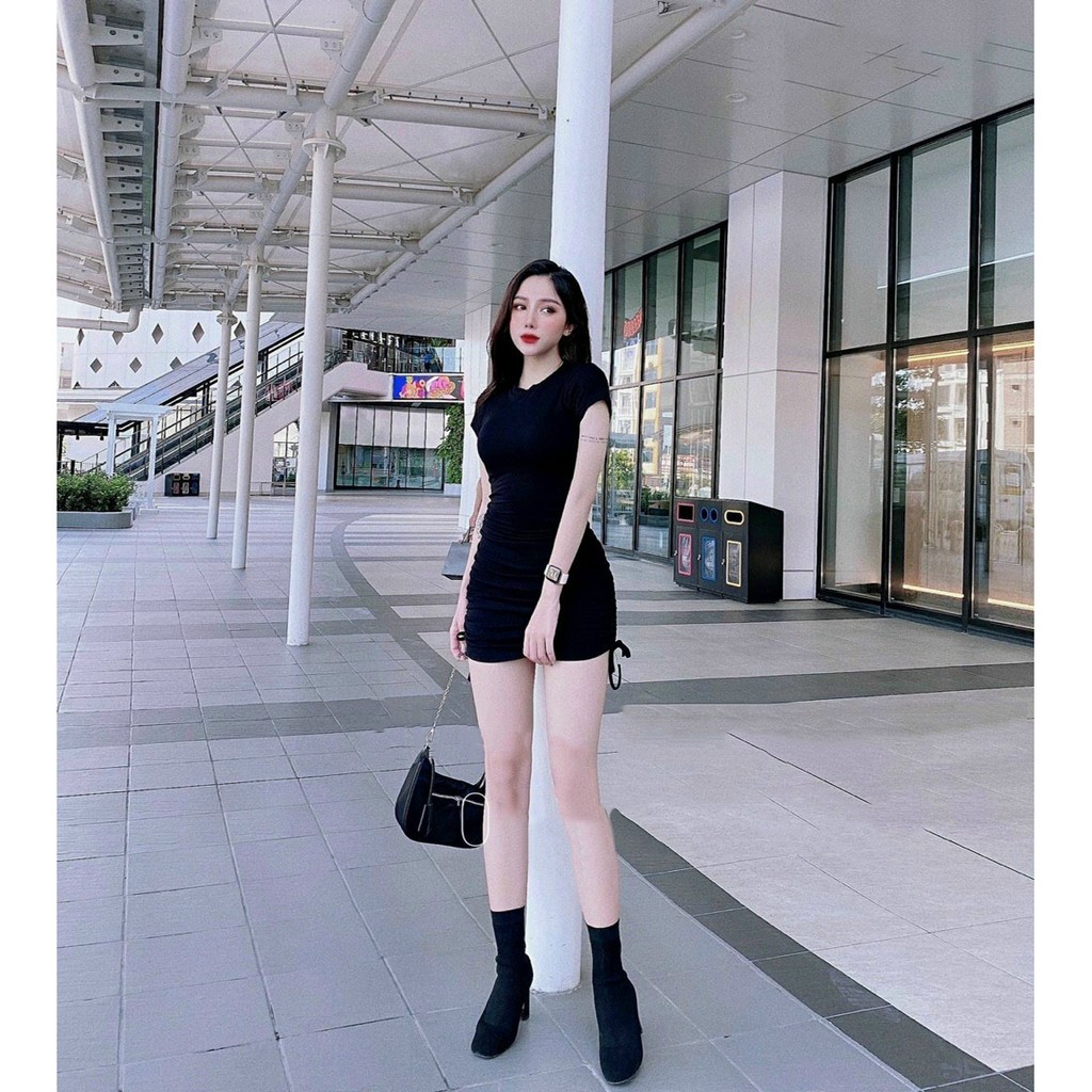 [HOT]Đầm body thun dày mịn ngắn tay cổ tròn rút dây hông BG221120