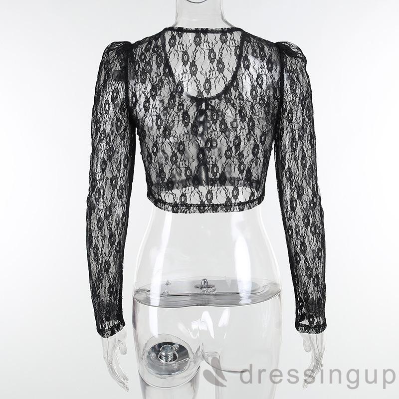 Áo thun nữ tay dài cổ chữ V phối ren phong cách vintage quyến rũ