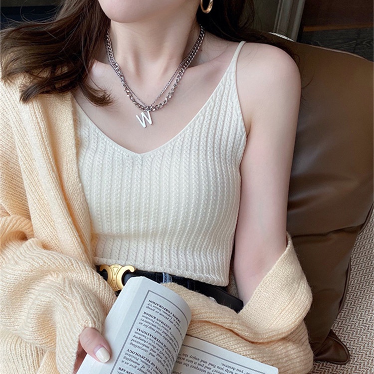 Áo Dệt Kim Không Tay Cổ Chữ V Màu Trơn Phong Cách Hàn Quốc Mới Cho Nữ