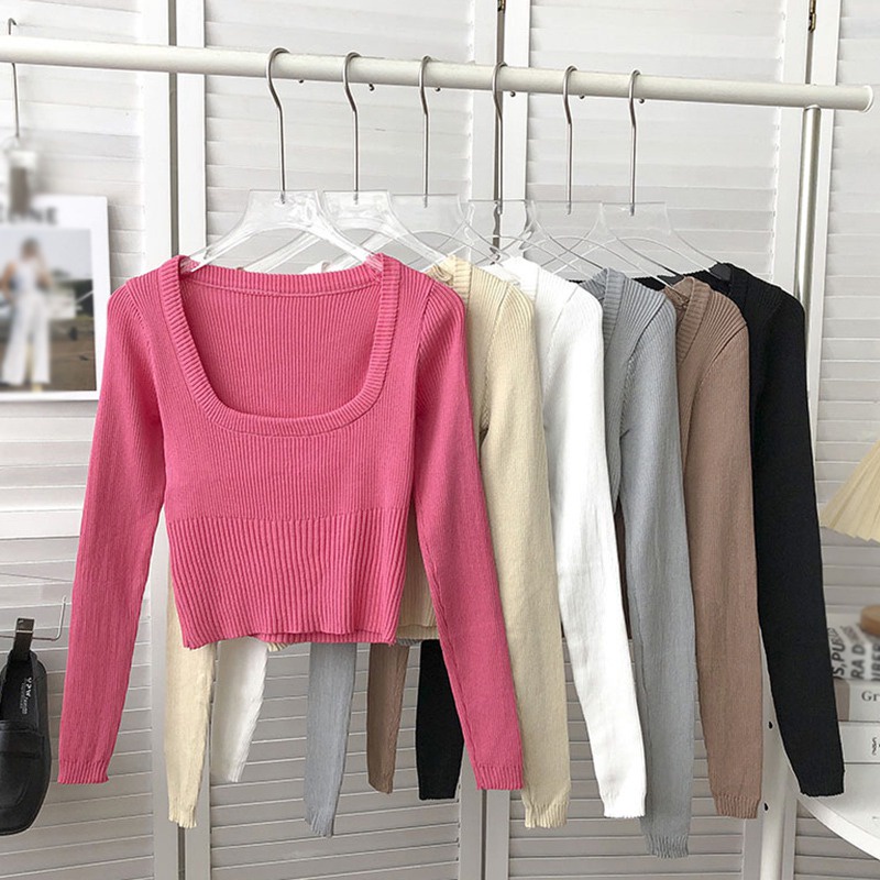 Áo Croptop Dệt Kim Tay Dài Màu Sắc Đơn Giản Phong Cách Hàn Quốc Cho Nữ