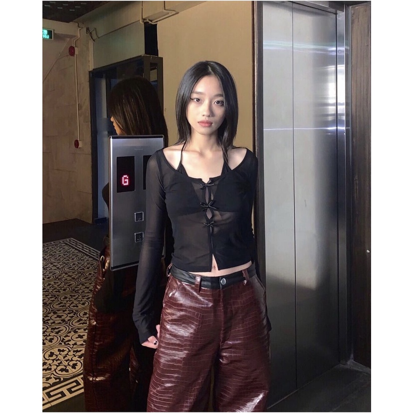 TMRSTUDIOS  - ÁO TAY DÀI LƯỚI ĐÍNH NƠ NHỎ NHẮN XINH XẮN - TINYBOW TOP