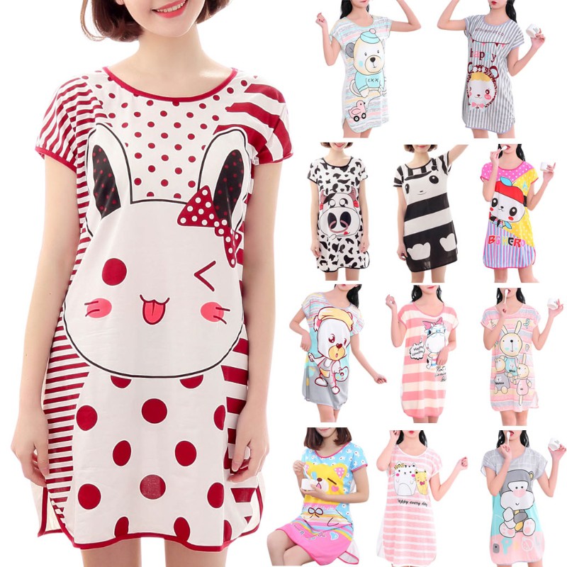 Đầm ngủ ngắn tay in họa tiết hoạt hình dễ thương thoải mái cho nữ | BigBuy360 - bigbuy360.vn
