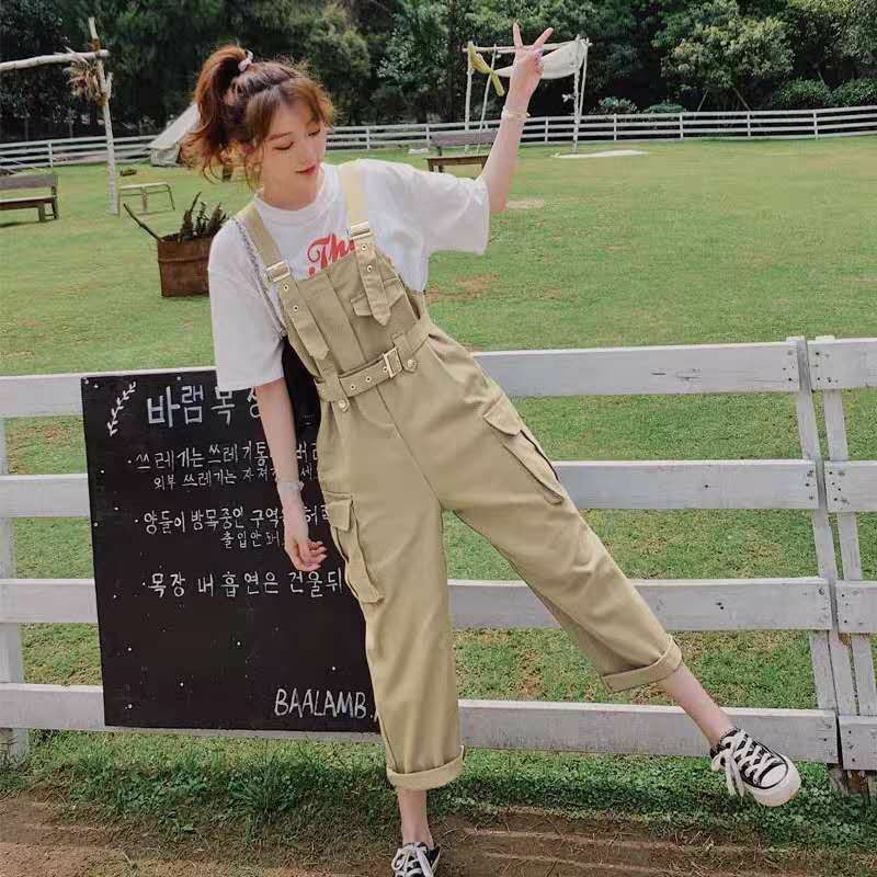 Áo Thun Ngắn Tay Kèm Quần Yếm Lưng Cao Thời Trang Hàn Quốc Cho Nữ