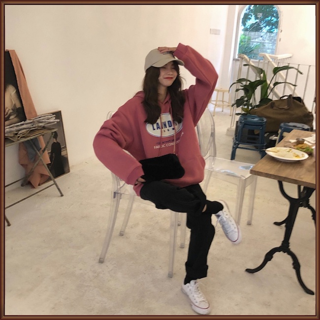 Áo Hoodie Lông Cừu Dày Dáng Chữ A Tay Dài In Chữ Thời Trang Cho Bạn Gái