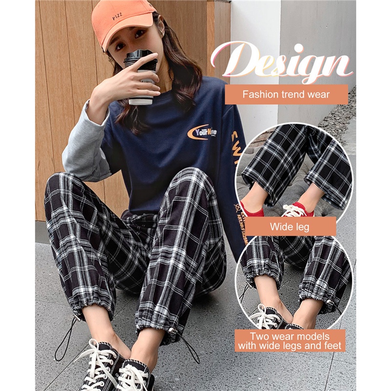 [procoolVN]Wide Leg Pants Women Oversize Chic Plaid Trousers High Waist Pocket Streetwear