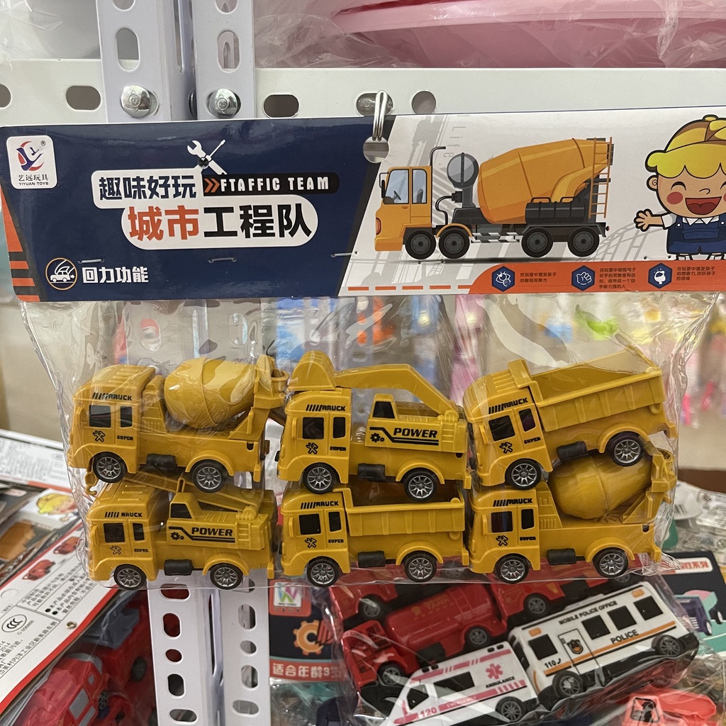 Túi 6 xe đồ chơi trẻ em xe cứu hỏa xe công trình chạy bánh đà cho bé