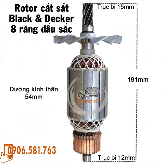 Rotor cắt sắt Black & Decker 8 răng Thân 54mm Dài 191mm bi đuôi ø12 dây đồng 220V - Tặng chổi than
