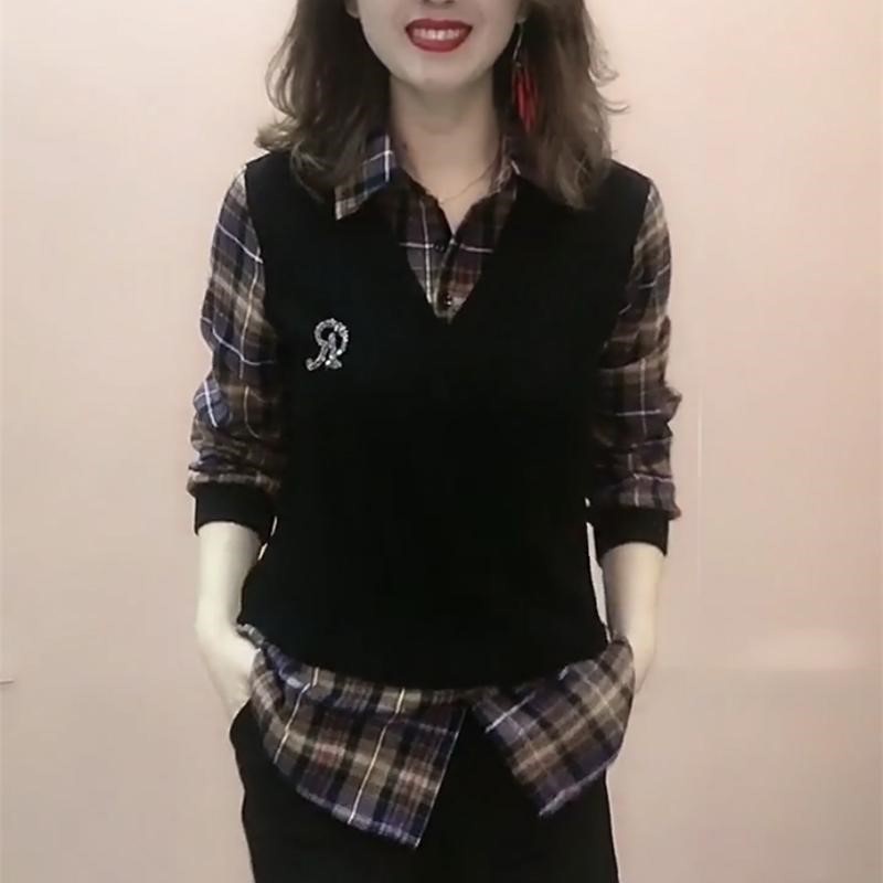 Áo Sơ Mi Giả Hai Lớp Họa Tiết Sọc Caro Thời Trang Xuân Thu Cho Nữ