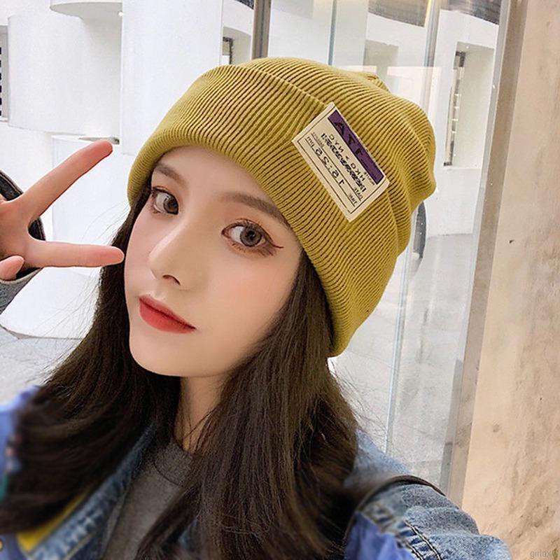 Mũ beanie dệt kim unisex thêu miếng vá họa tiết chữ phong cách Hàn Quốc
