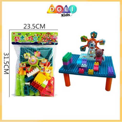 Đồ chơi xếp hình đu quay gấu có bàn lắp Doli Kids, lego lắp ghép cho bé từ 3 tuổi túi 23,5 x 31,5 cm