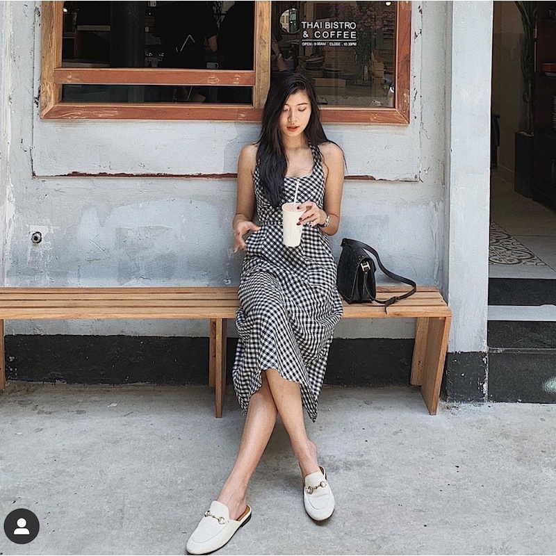 MADAMN-Váy chéo lưng caro trắng đen