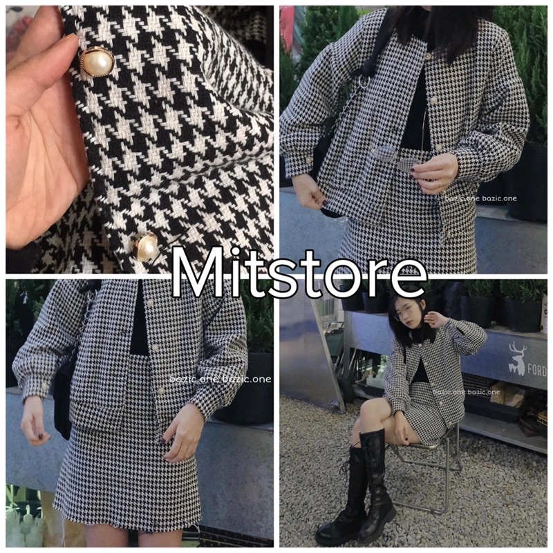 (HẾT HÀNG)Set dạ tweed gồm áo khoác mix chân váy kẻ nhỏ