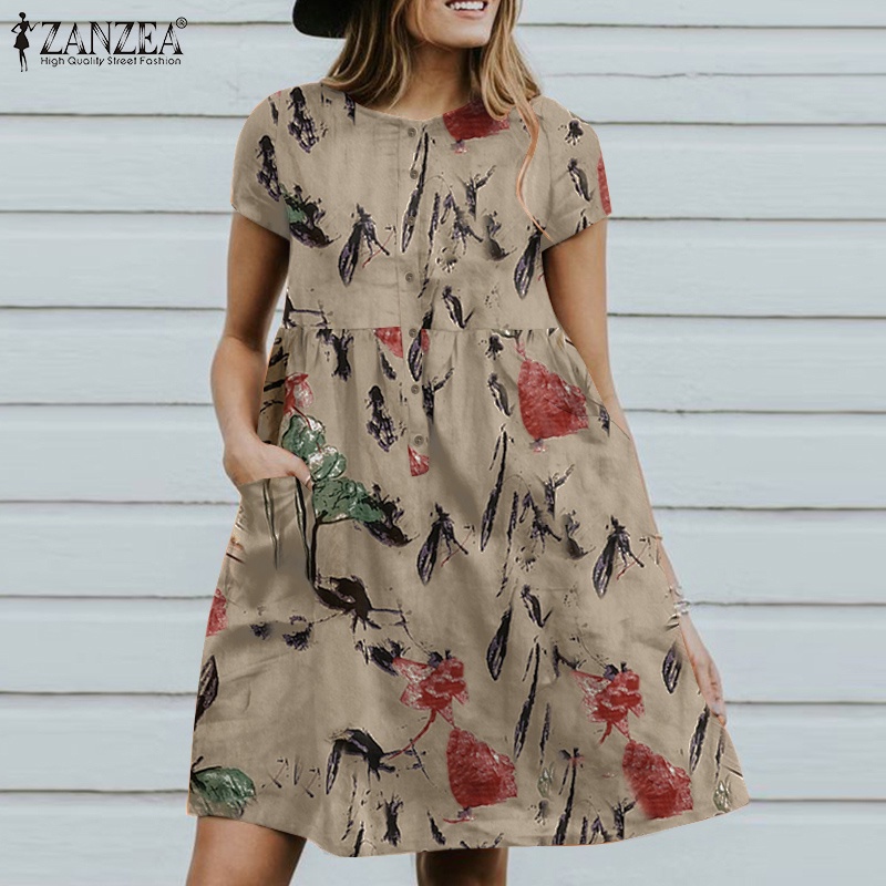 Đầm ZANZEA tay ngắn cổ tròn in họa tiết phong cách retro châu âu thích hợp cho nữ