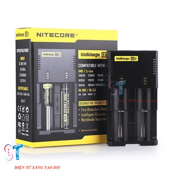 BỘ SẠC 2 PIN 18650, 14500, 16340, 26650 NITECORE NEW I2 (CHÍNH HÃNG)