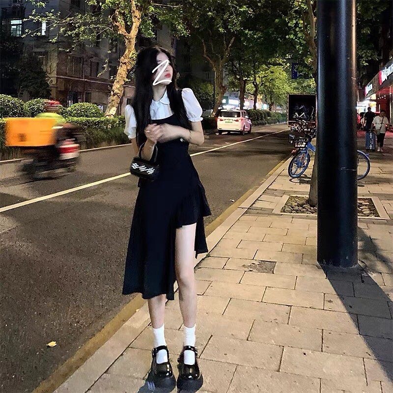 Set bộ váy yếm 2 món: áo sơ mi + váy đầm eo đan dây cá tính