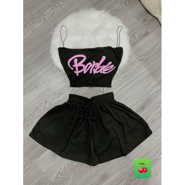 Set bộ mặc nhà 2 dây in chữ Barbie siêu cưng