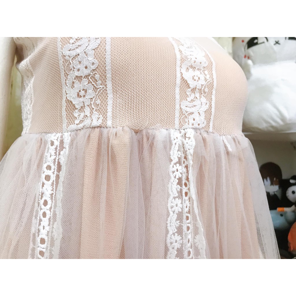Đầm 2 dây cam ren lưới