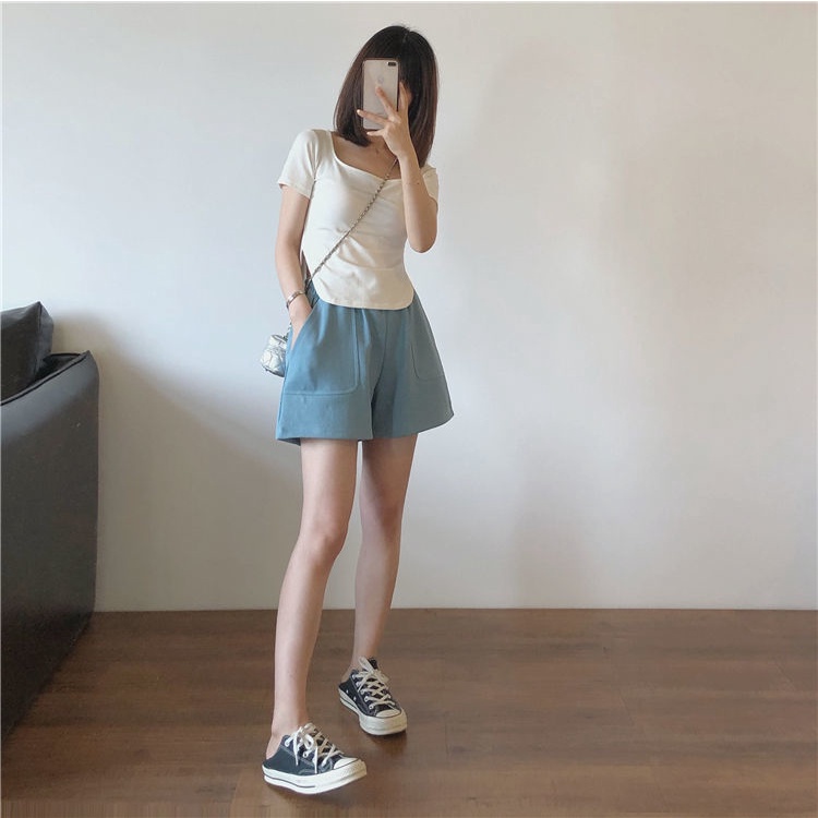 Áo thun RENJIANVSHENG 168520 tay ngắn màu trơn đơn giản kiểu dáng hợp thời trang