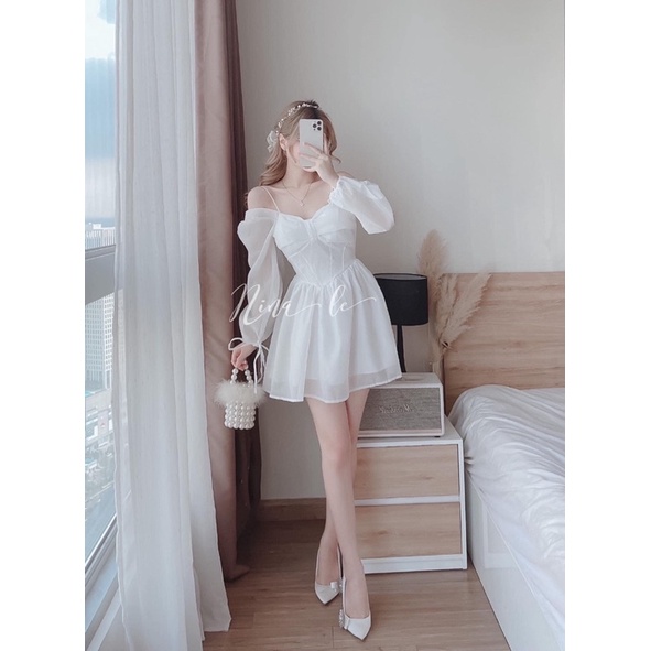 Váy đầm nữ cúp ngực 2 dây trễ vai dài tay nơ siêu xinh váy trắng | BigBuy360 - bigbuy360.vn