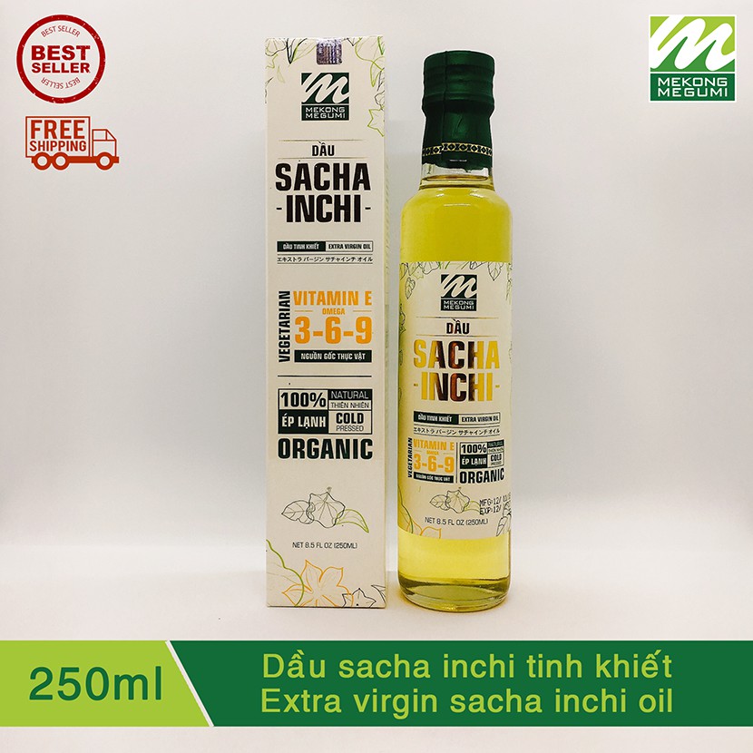 Dầu Sachi (Sacha Inchi) ép lạnh tinh khiết MEKÔNG MEGUMI (Extra Virgin Sach Inchi Oil 46% Omega-3)_ 250ML