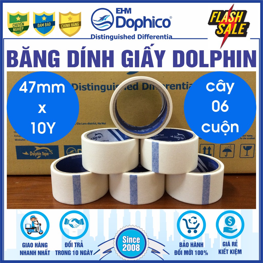 Băng dính giấy Dolphin (47mm*10Y) dán viết ghi chú, kẻ chỉ sơn tường, cố định tranh vẽ, chặn màu nước