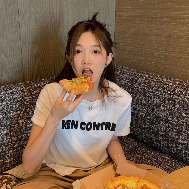 Áo thun IELGY tay ngắn dáng rộng in chữ thời trang năng động cho nữ