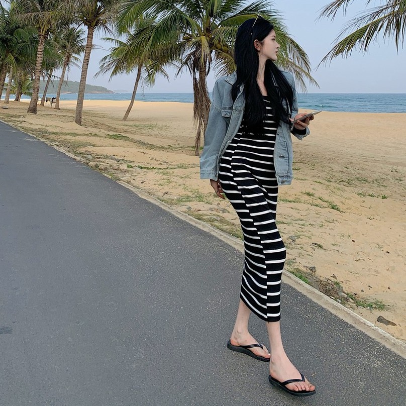 Cocory vn Đầm Maxi Hai Dây Kẻ Sọc Thời Trang Mùa Hè Dành Cho Nữ