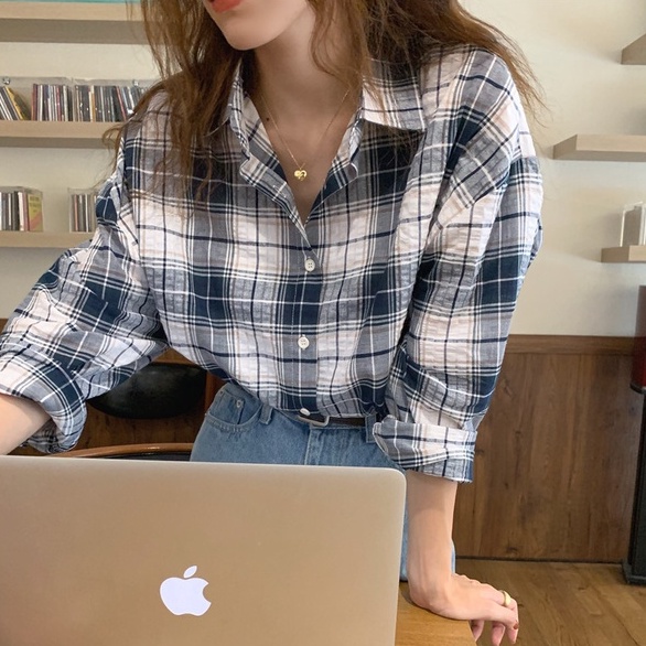 45986  Áo sơ mi cổ polo tay dài kẻ sọc ca rô cá tính