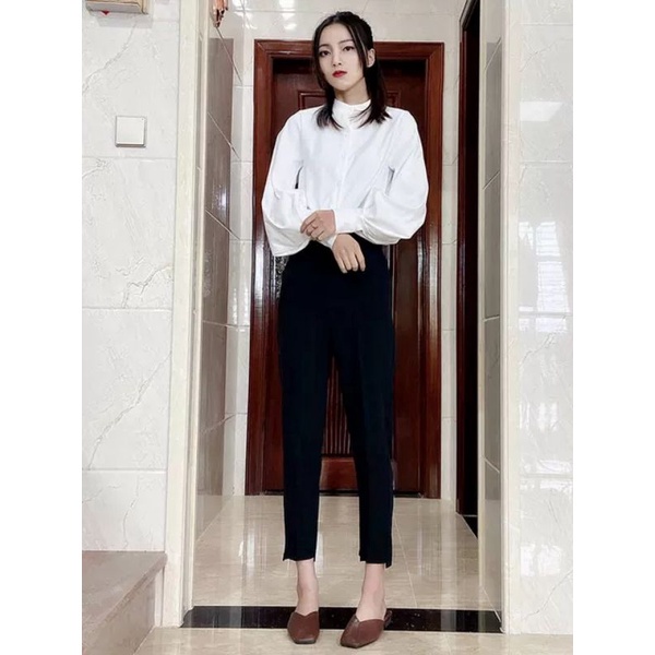 Quần tây baggy nữ lưng cao gấu lệch đi học sinh màu đen chất vải tuyết mưa trơn dáng dài Quần tây đen nữ công sở cạp cao