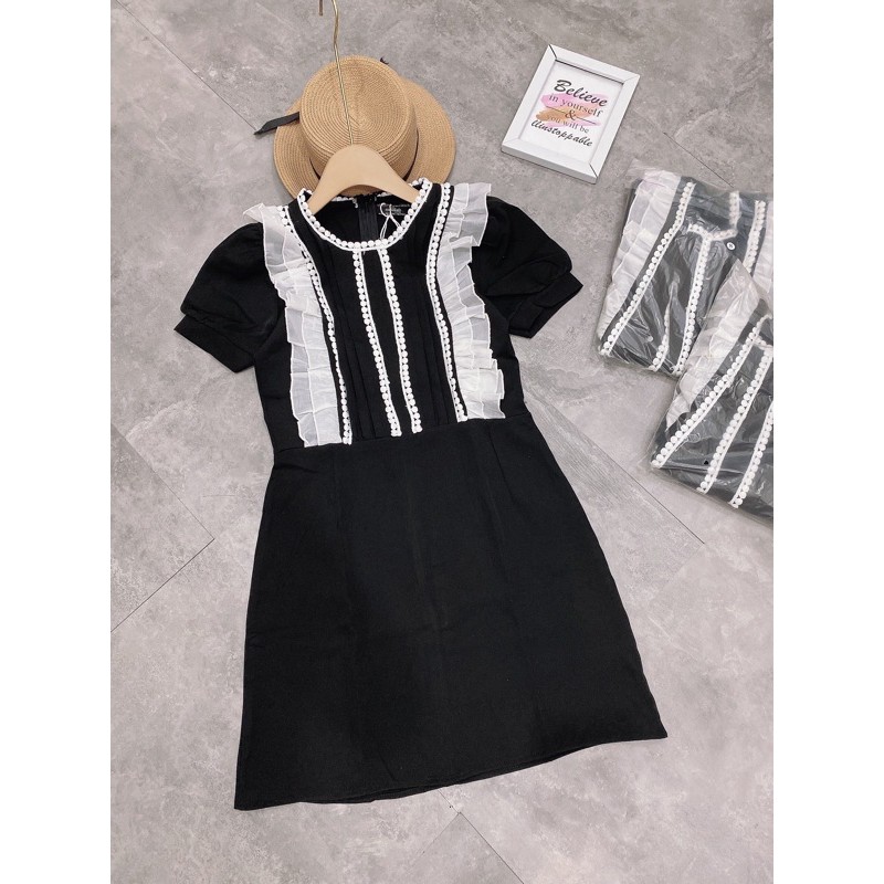 [Hàng Đẹp] Váy Thiết Kế Đen Viền Bèo Trắng Dáng Ôm , Đầm Nữ Sang Trọng Có Ảnh Thật Kèm Video | BigBuy360 - bigbuy360.vn