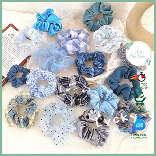 Cột tóc Scrunchies , Dây buộc tóc vải kẻ co giãn thời trang nhiều màu