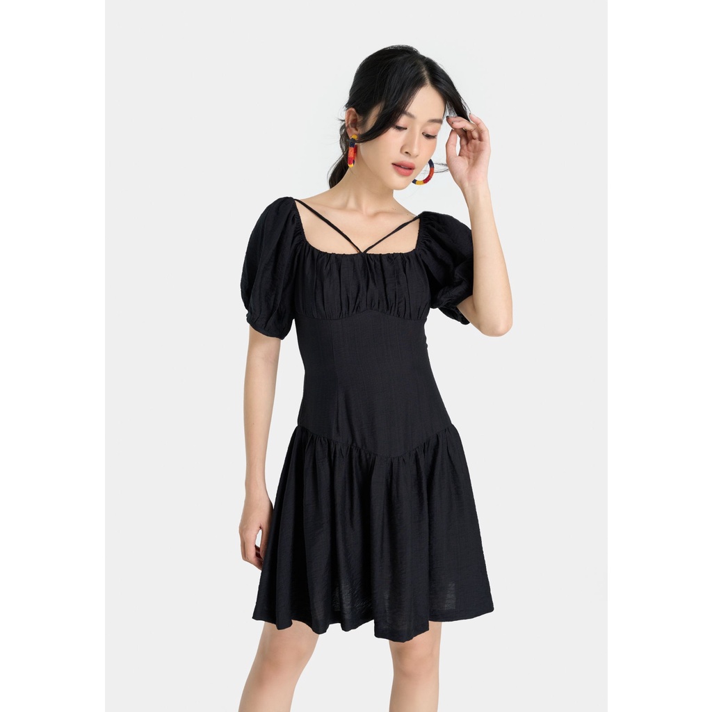 Đầm Lửng Nữ Thời Trang HNOSS Tay Phồng Dây Chéo Cổ HNDLU060