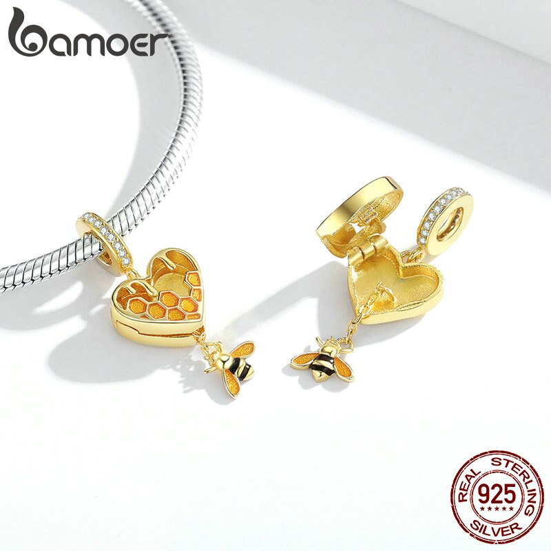 Hạt xỏ làm trang sức Bamoer Scc1714 Bạc 925 Hình Trái Tim Họa Tiết Tổ Ong Màu Vàng Độc Đáo Diy