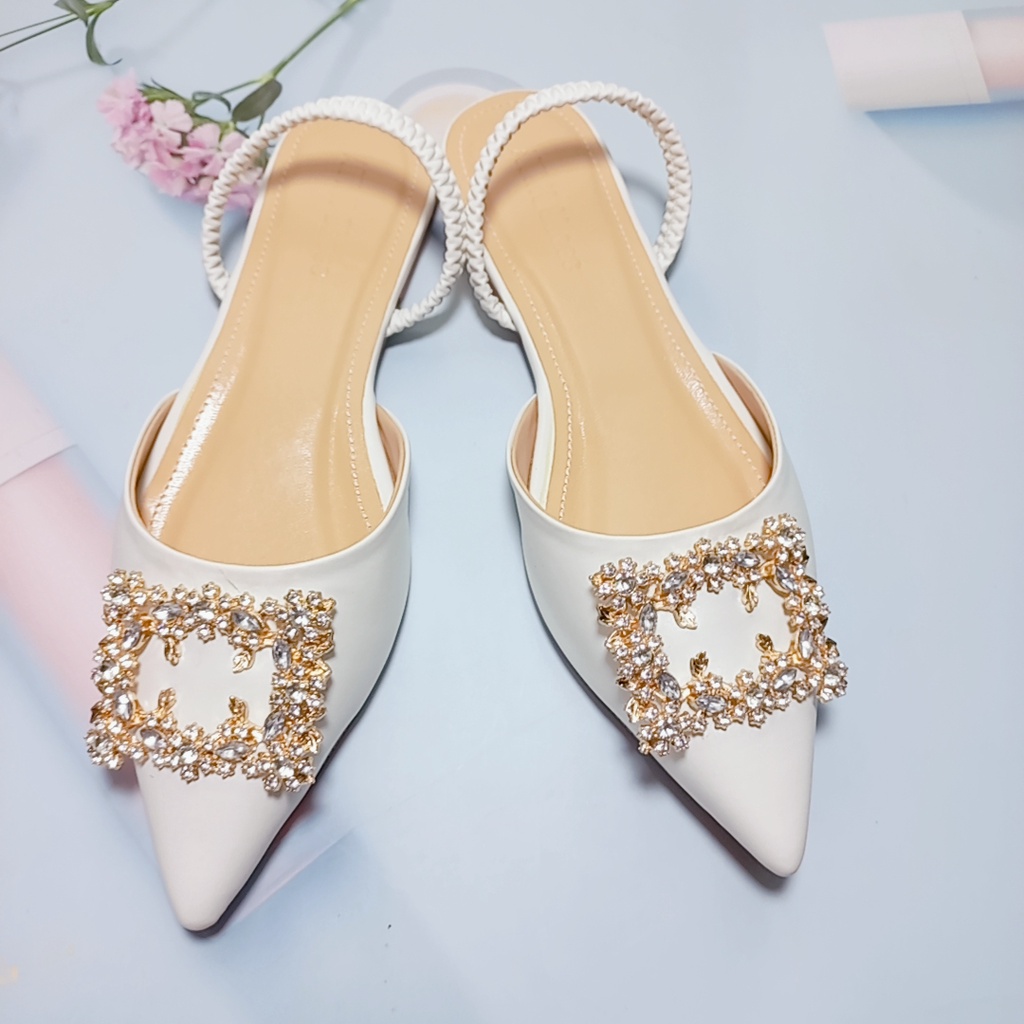 Giày sục nữ Minhtuyetshoes mũi nhọn đính đá- Sục nữ đế bệt khóa đá mẫu mới 2022 đi tiệc-giày cô dâu xinh xắn mã GCD01