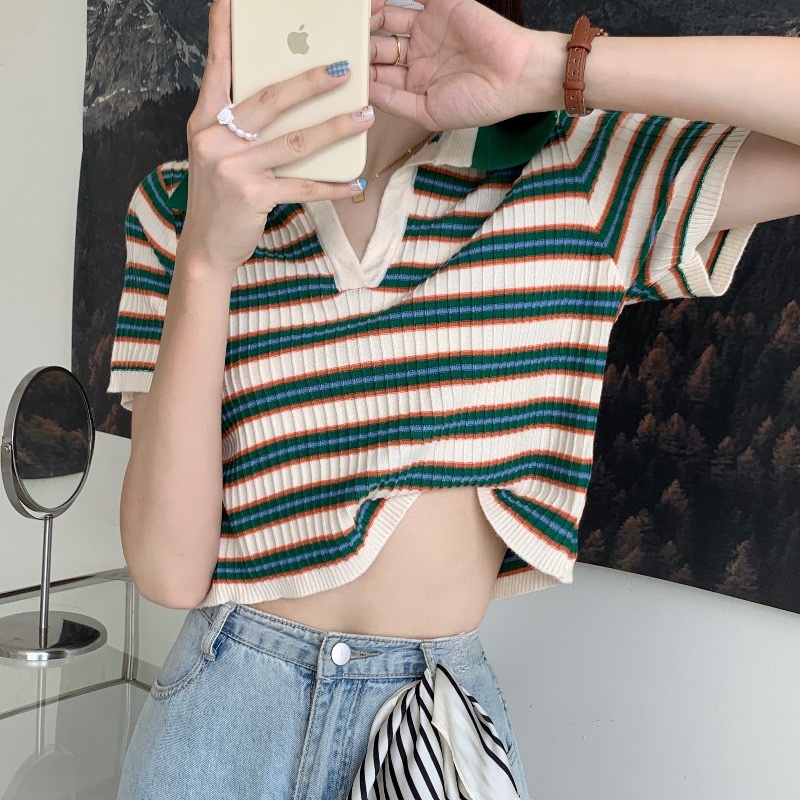 SUXI Áo Polo Dệt Kim Ngắn Tay Dáng Ôm Kẻ Sọc Kiểu Vintage Thời Trang Mùa Hè Năng Động