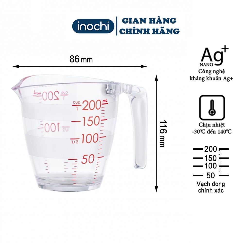 Cốc đong - Ca đong định lượng INOCHI Yoko 200ml 500ml đong chất lỏng, nước, dầu ăn, sữa có vạch chia mức đo lường