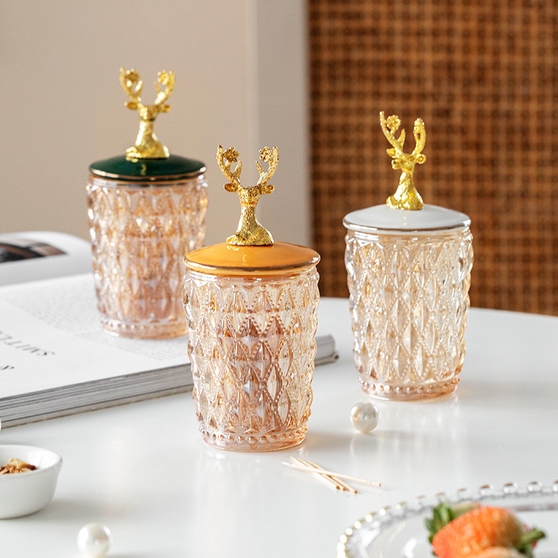 (Có sẵn ) hũ thuỷ tinh | pha lê đựng tăm bông decor hình đầu hươu
