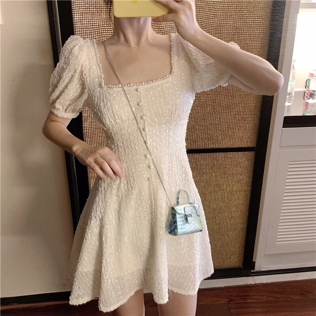 Đầm tiểu thư cổ vuông vải dạ tweed / Đầm ulzzang tay phồng cổ vuông xoè ôm eo xoè