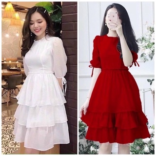 Đầm váy cổ tròn tùng ba tầng 2 màu (kèm hình thật)