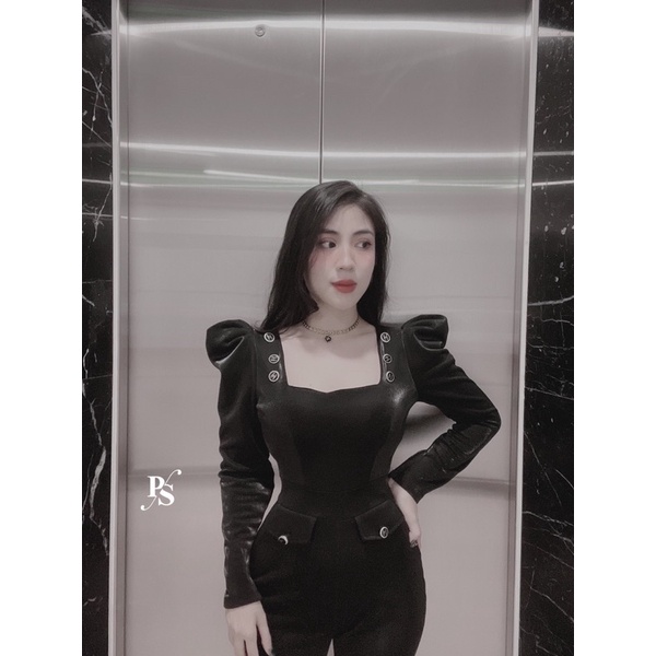 Jumsuit cổ vuông tay bồng đính đá