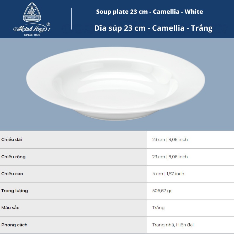 Đĩa súp 23 cm Camellia - Trắng
